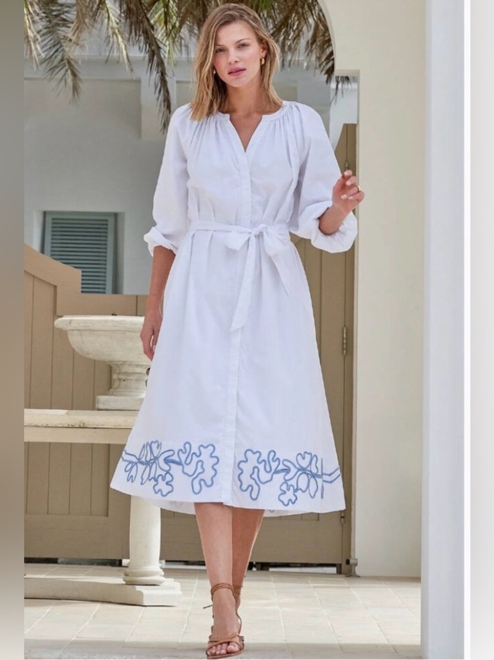 LAKE Brunch Dress White & Blue Embroidered Midi Dress XS